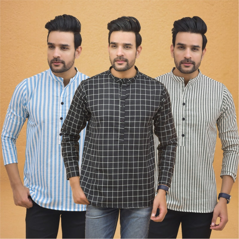 Combo of 3 Men Kurtas Stripe Cotton Handloom Black Gray and Sky Blue-25106