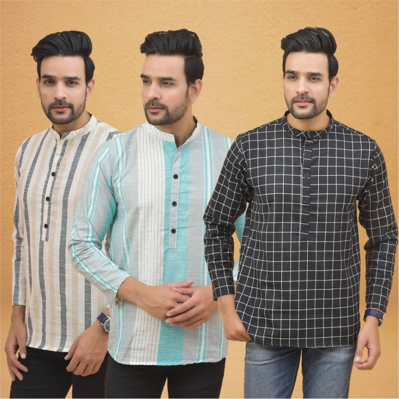 Combo of 3 Men Kurtas Stripe Cotton Handloom Black Green and Beige-25231