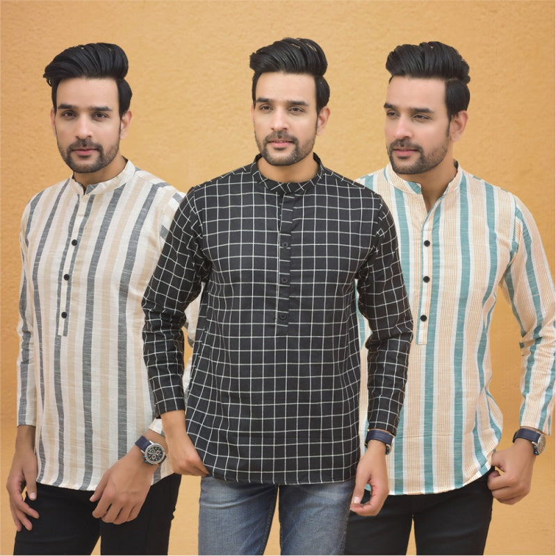 Combo of 3 Men Kurtas Stripe Cotton Handloom Black Green and Beige-25236