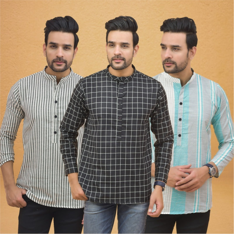 Combo of 3 Men Kurtas Stripe Cotton Handloom Black Green and Gray-25206