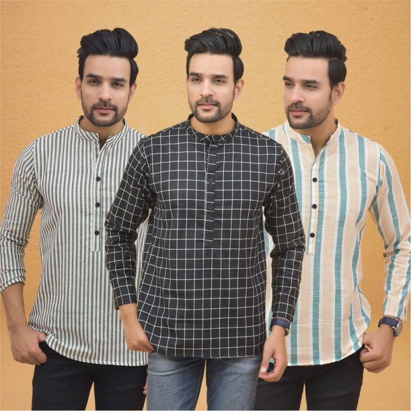 Combo of 3 Men Kurtas Stripe Cotton Handloom Black Green and Gray-25211