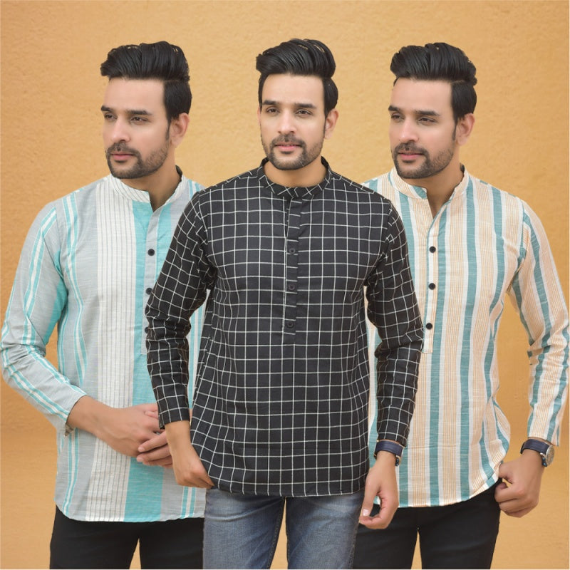 Combo of 3 Men Kurtas Stripe Cotton Handloom Black Green and Green-25242