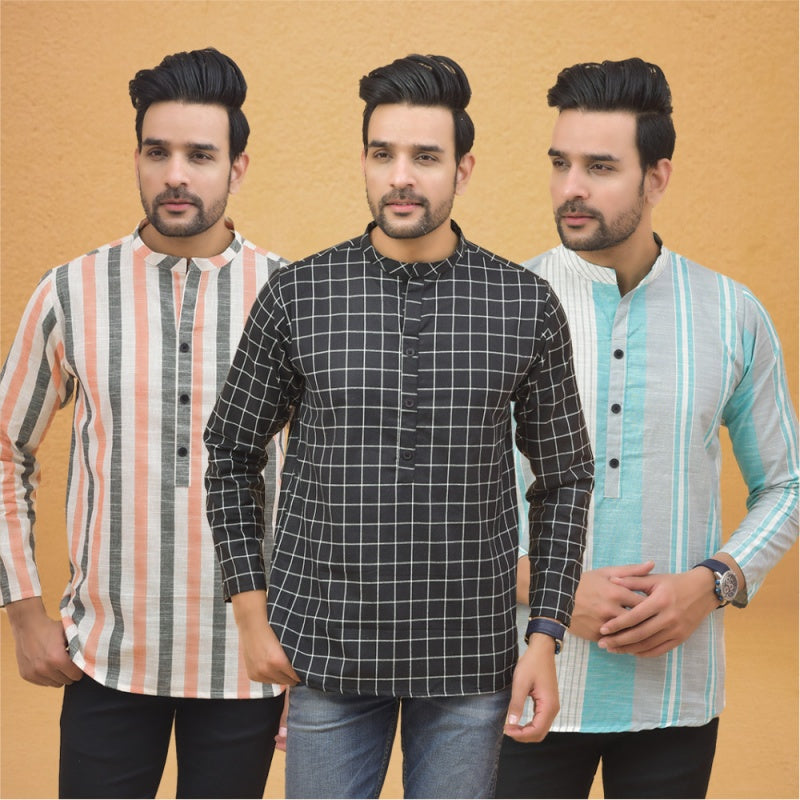 Combo of 3 Men Kurtas Stripe Cotton Handloom Black Green and Peach-25157