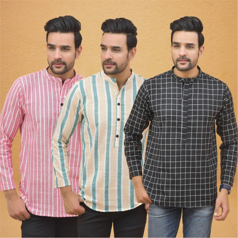 Combo of 3 Men Kurtas Stripe Cotton Handloom Black Green and Pink-25245
