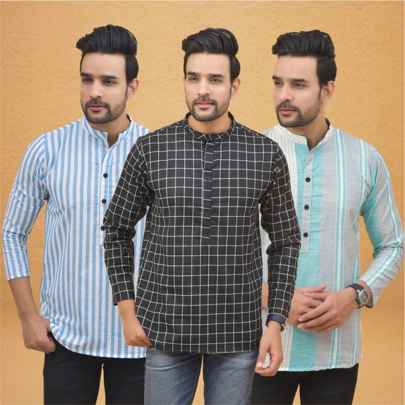 Combo of 3 Men Kurtas Stripe Cotton Handloom Black Green and Sky Blue-25121