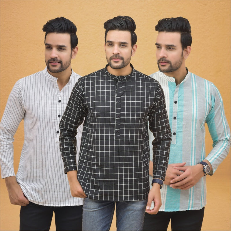 Combo of 3 Men Kurtas Stripe Cotton Handloom Black Green and White-25221