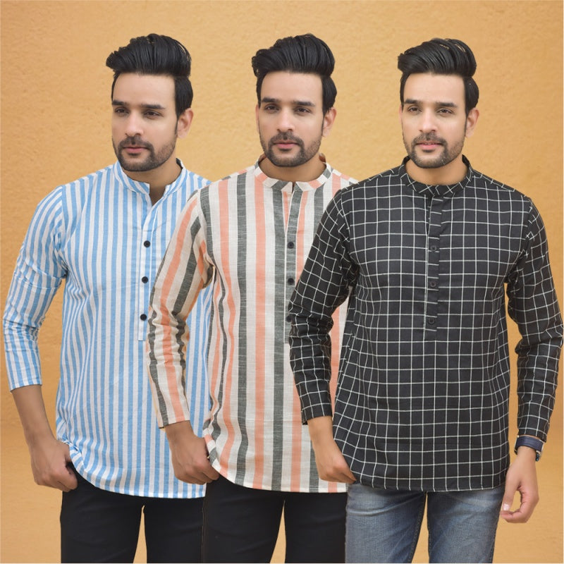 Combo of 3 Men Kurtas Stripe Cotton Handloom Black Peach and Sky Blue-25091