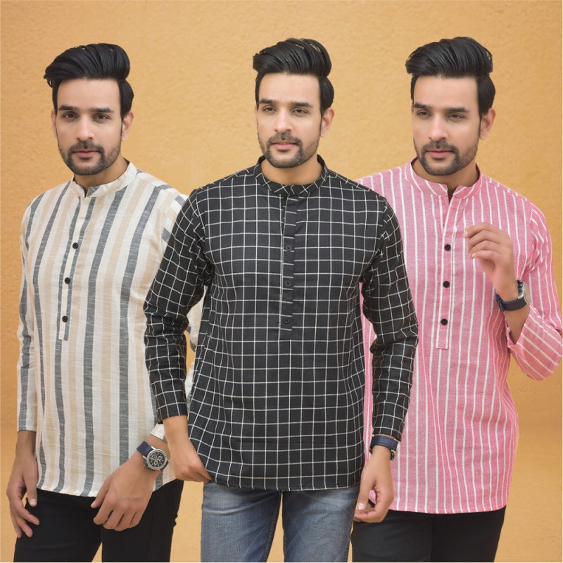 Combo of 3 Men Kurtas Stripe Cotton Handloom Black Pink and Beige-25234