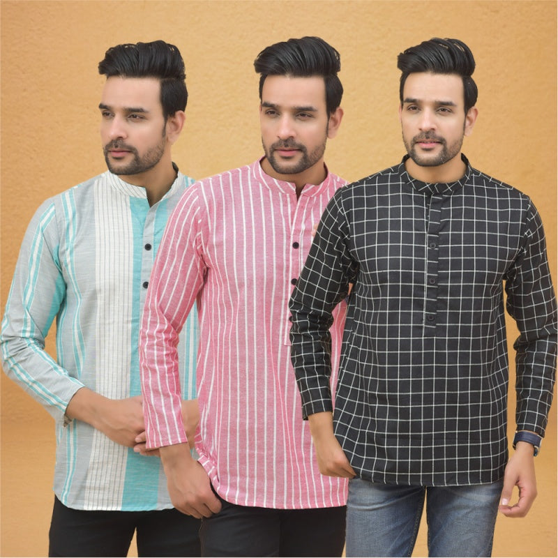 Combo of 3 Men Kurtas Stripe Cotton Handloom Black Pink and Green-25240