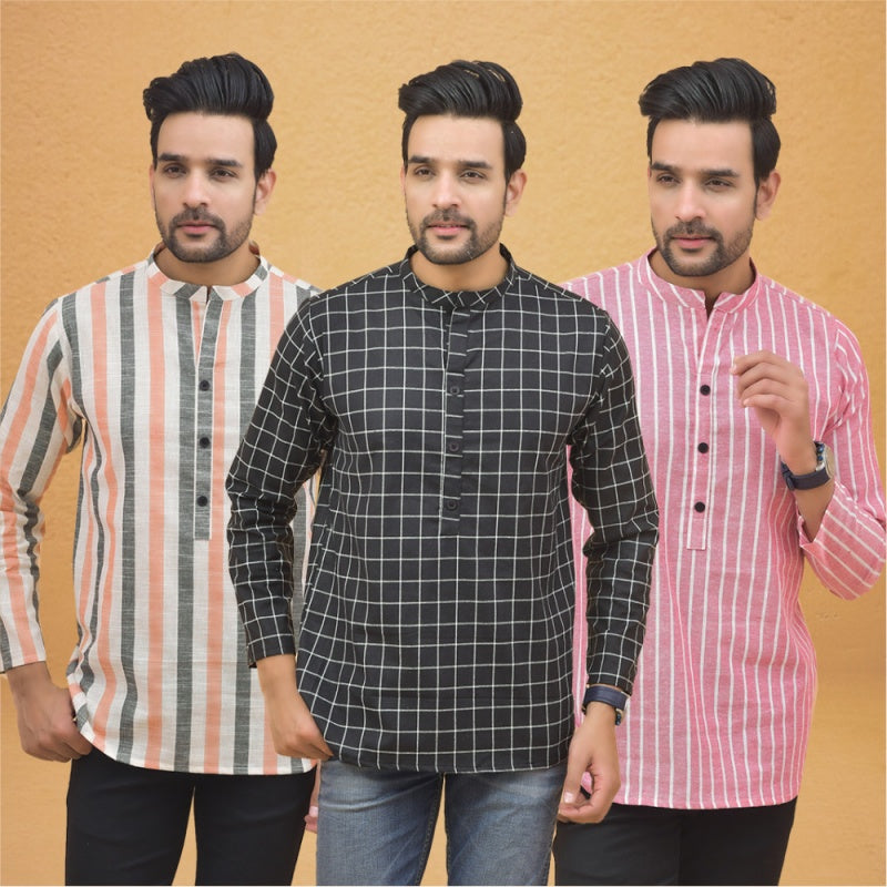 Combo of 3 Men Kurtas Stripe Cotton Handloom Black Pink and Peach-25160