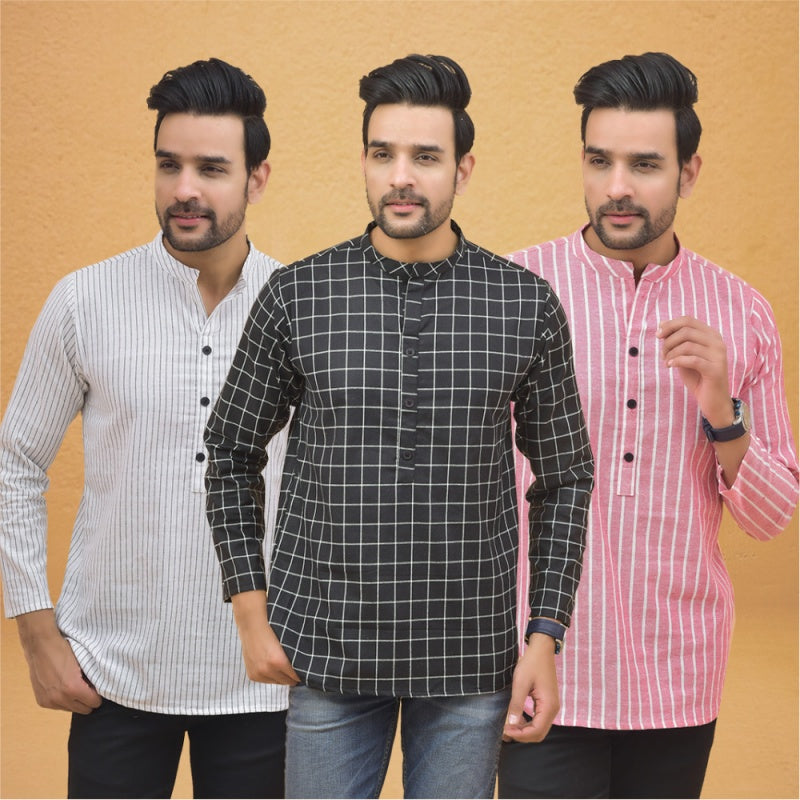 Combo of 3 Men Kurtas Stripe Cotton Handloom Black Pink and White-25224