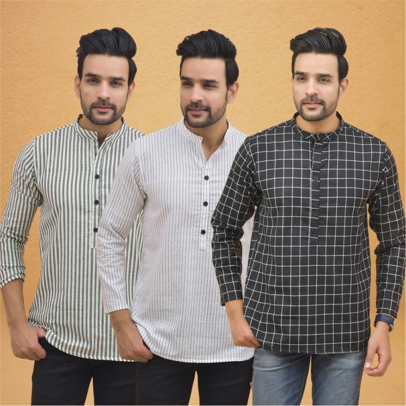 Combo of 3 Men Kurtas Stripe Cotton Handloom Black White and Gray-25197