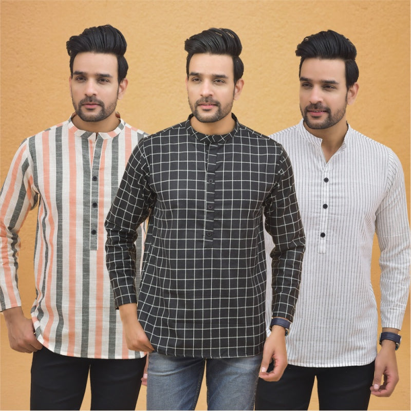 Combo of 3 Men Kurtas Stripe Cotton Handloom Black White and Peach-25148
