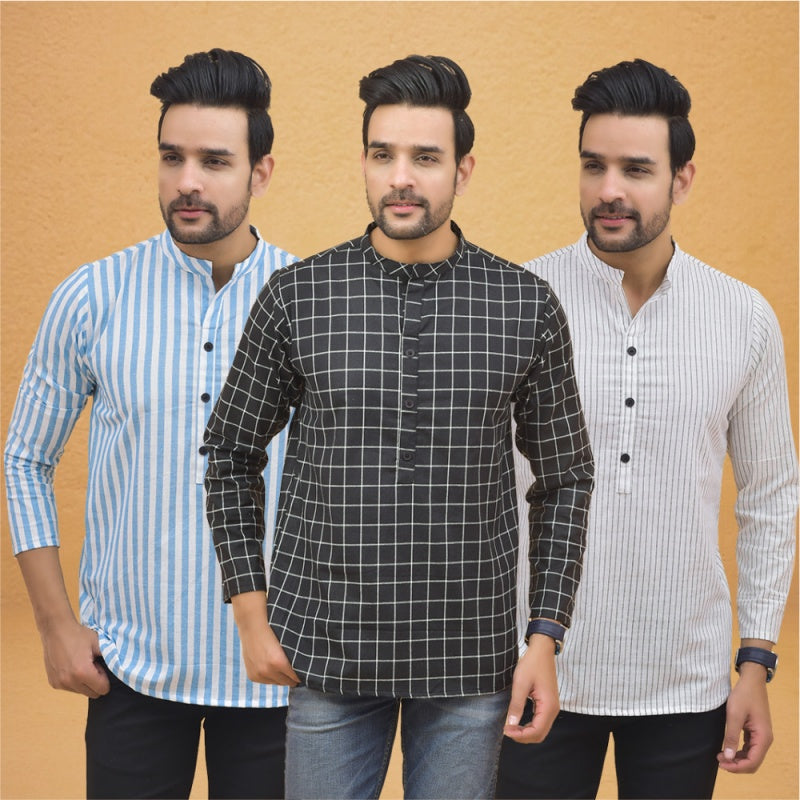 Combo of 3 Men Kurtas Stripe Cotton Handloom Black White and Sky Blue-25112
