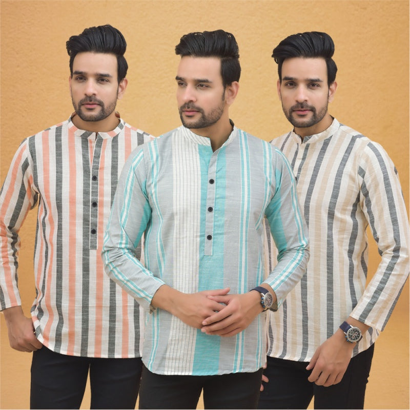 Combo of 3 Men Kurtas Stripe Cotton Handloom Green Beige and Peach-25150
