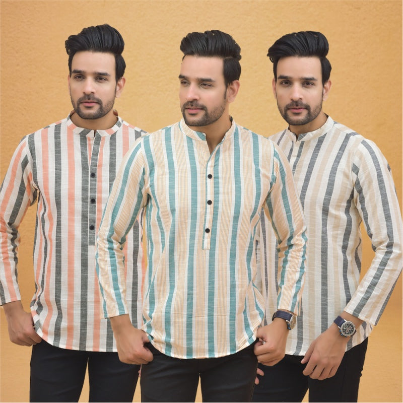 Combo of 3 Men Kurtas Stripe Cotton Handloom Green Beige and Peach-25152