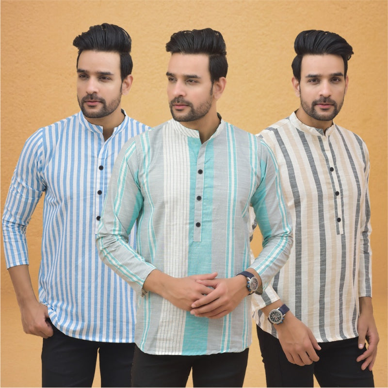Combo of 3 Men Kurtas Stripe Cotton Handloom Green Beige and Sky Blue-25114