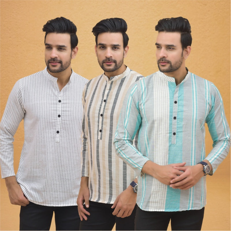Combo of 3 Men Kurtas Stripe Cotton Handloom Green Beige and White-25214