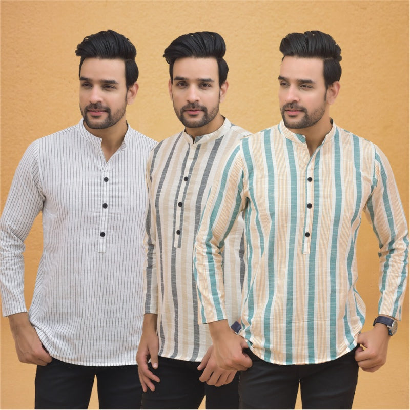 Combo of 3 Men Kurtas Stripe Cotton Handloom Green Beige and White-25216