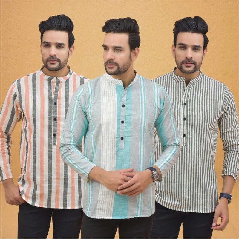 Combo of 3 Men Kurtas Stripe Cotton Handloom Green Gray and Peach-25139