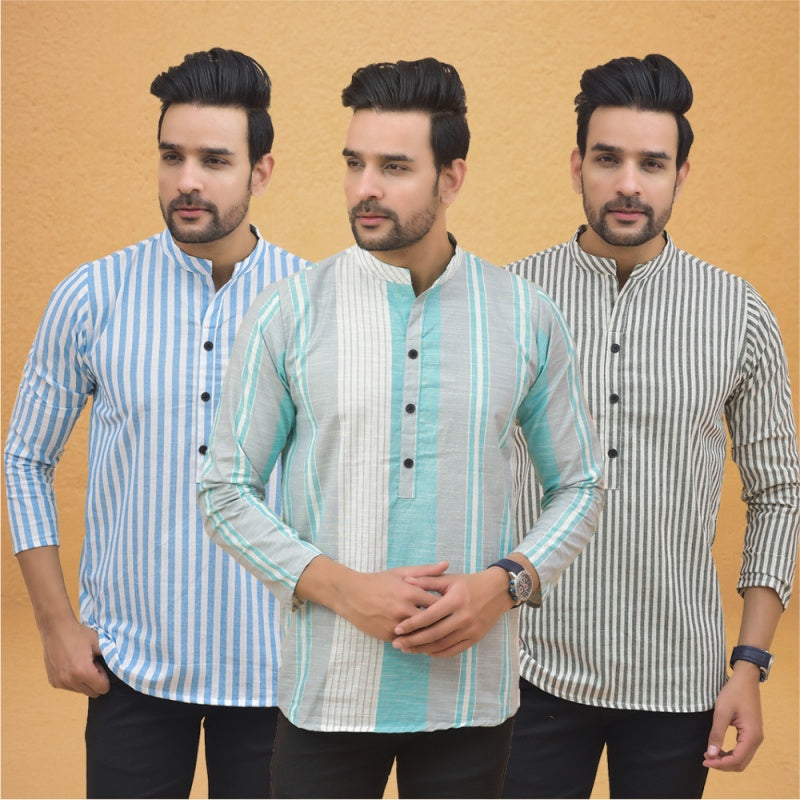 Combo of 3 Men Kurtas Stripe Cotton Handloom Green Gray and Sky Blue-25103
