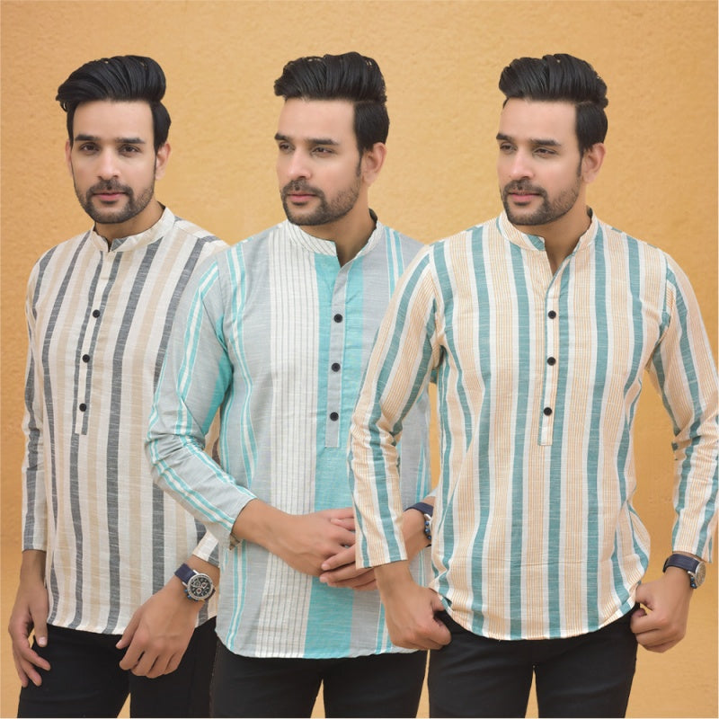 Combo of 3 Men Kurtas Stripe Cotton Handloom Green Green and Beige-25230