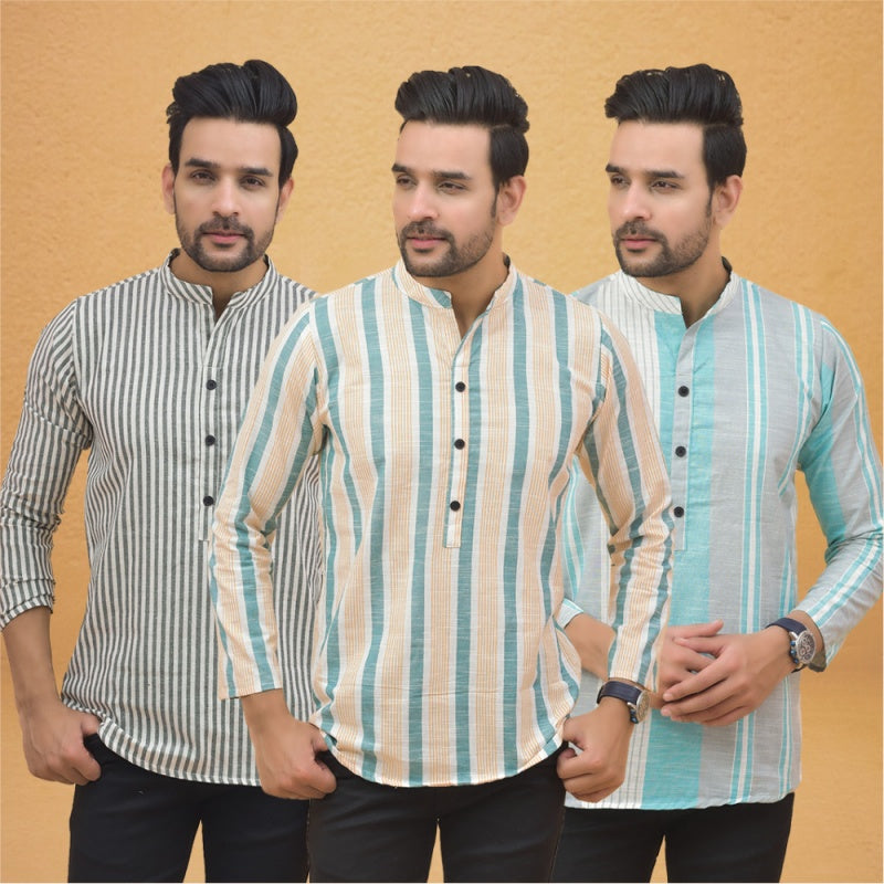 Combo of 3 Men Kurtas Stripe Cotton Handloom Green Green and Gray-25205