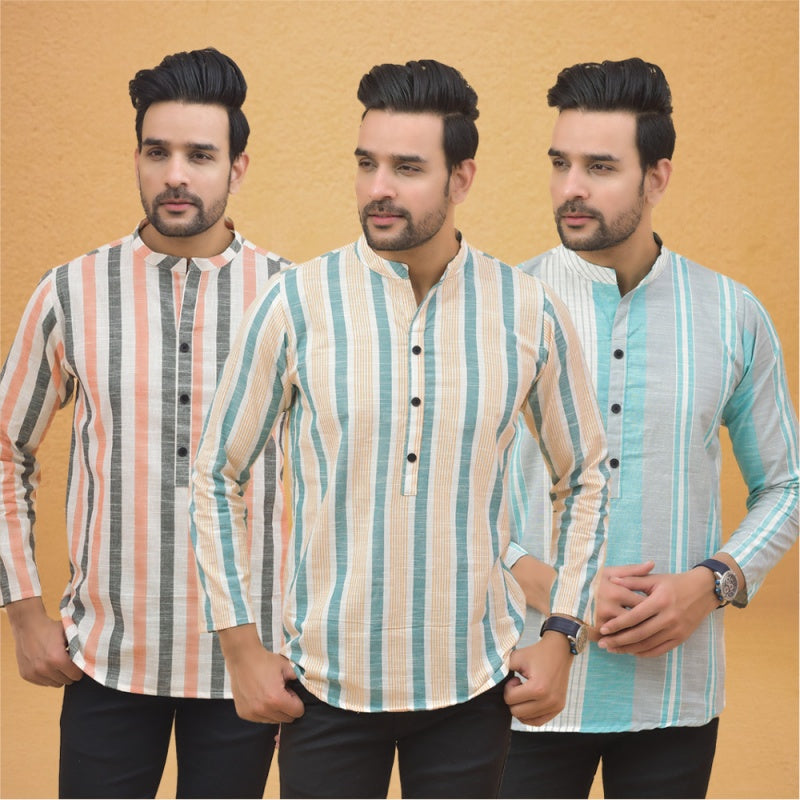 Combo of 3 Men Kurtas Stripe Cotton Handloom Green Green and Peach-25156