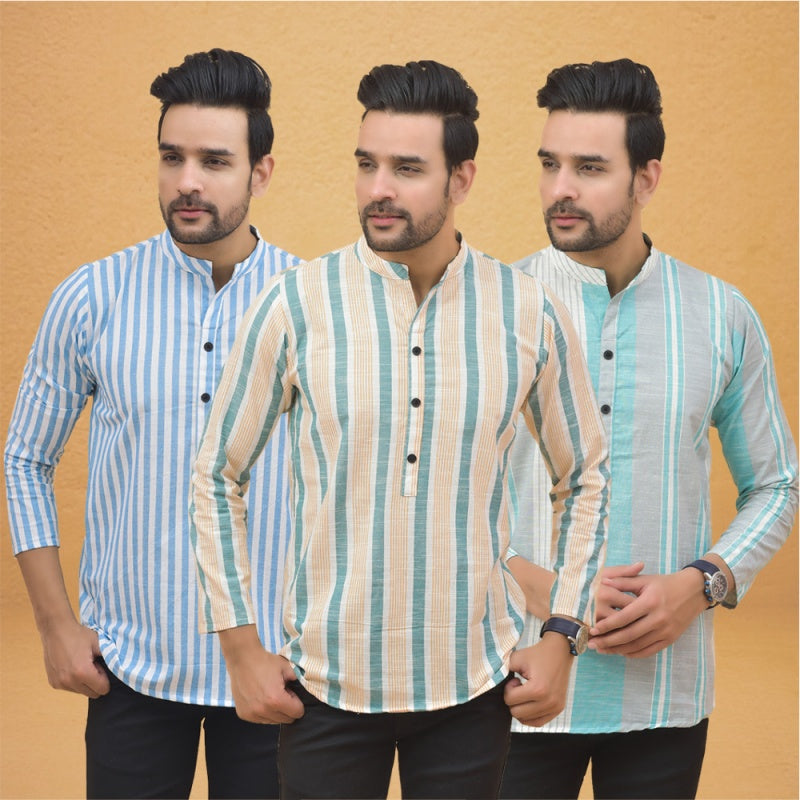 Combo of 3 Men Kurtas Stripe Cotton Handloom Green Green and Sky Blue-25120