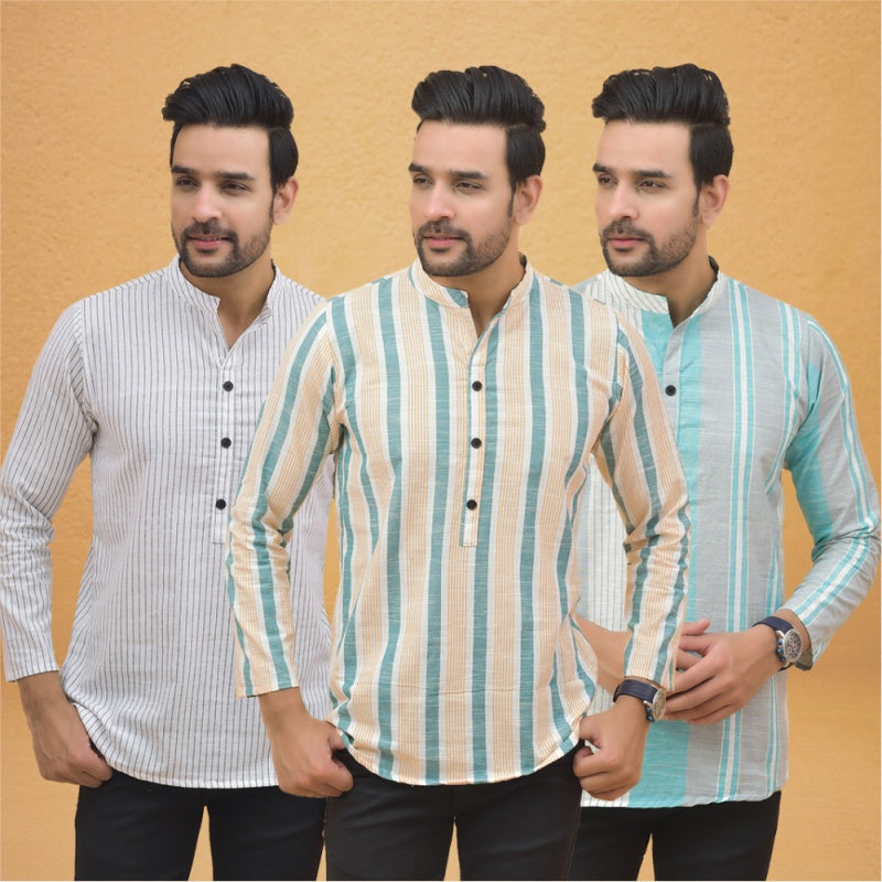 Combo of 3 Men Kurtas Stripe Cotton Handloom Green Green and White-25220