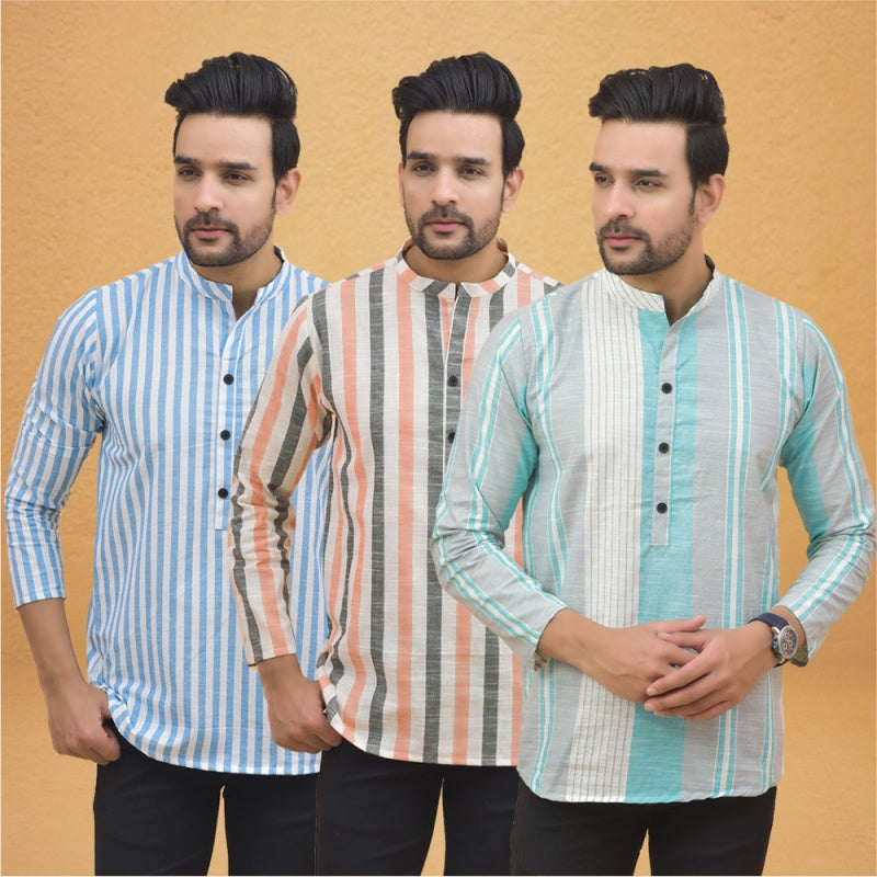 Combo of 3 Men Kurtas Stripe Cotton Handloom Green Peach and Sky Blue-25088