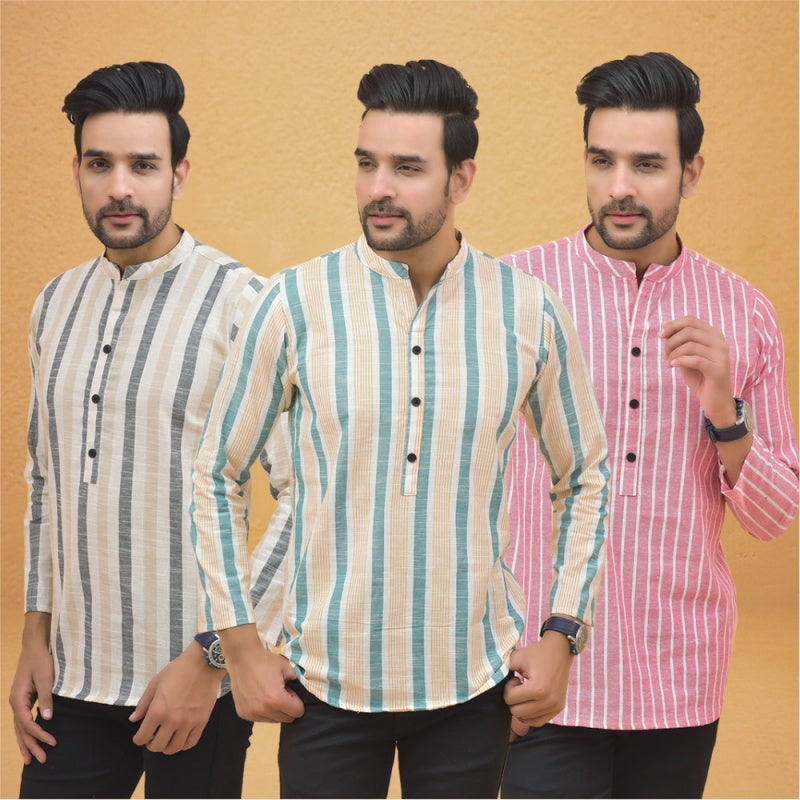 Combo of 3 Men Kurtas Stripe Cotton Handloom Green Pink and Beige-25233