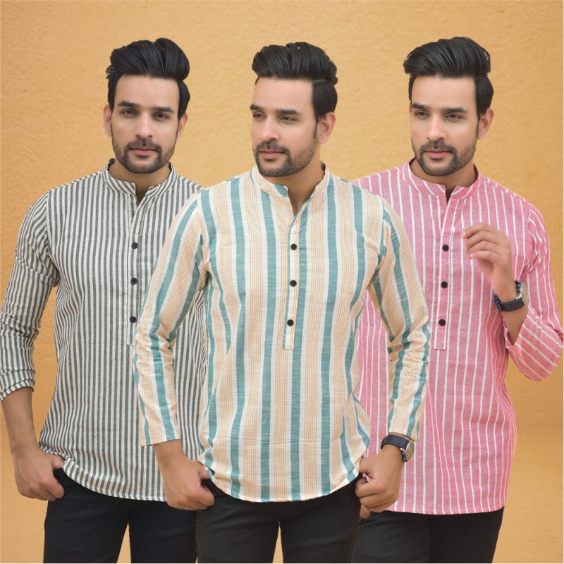 Combo of 3 Men Kurtas Stripe Cotton Handloom Green Pink and Gray-25208