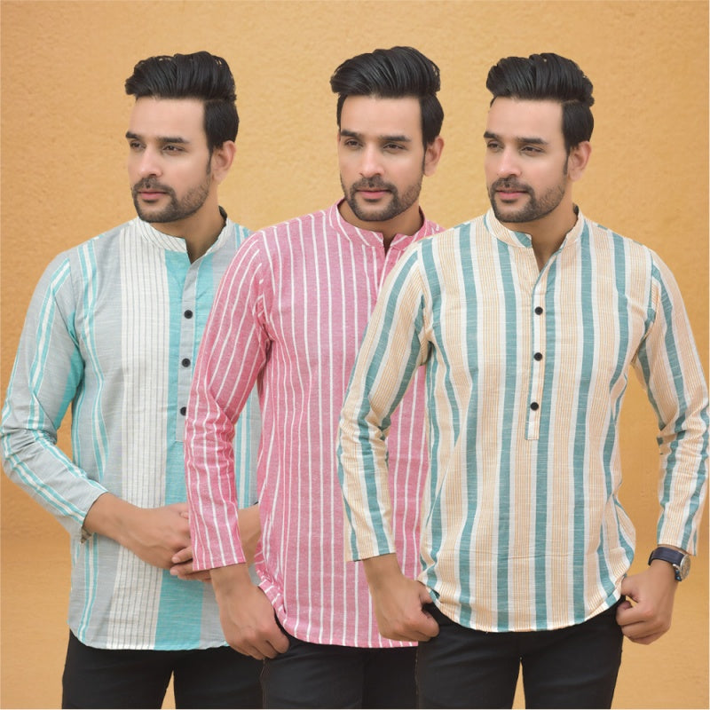 Combo of 3 Men Kurtas Stripe Cotton Handloom Green Pink and Green-25239