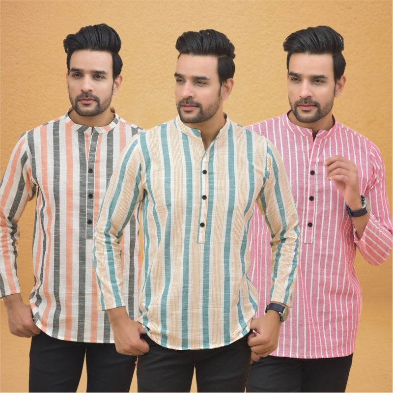 Combo of 3 Men Kurtas Stripe Cotton Handloom Green Pink and Peach-25159