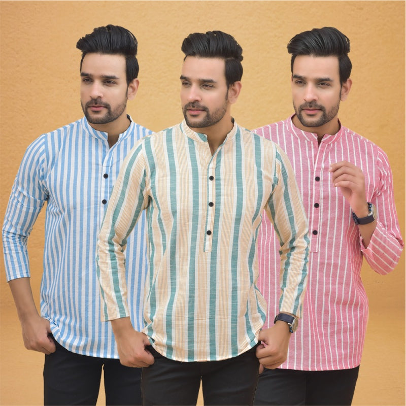 Combo of 3 Men Kurtas Stripe Cotton Handloom Green Pink and Sky Blue-25123