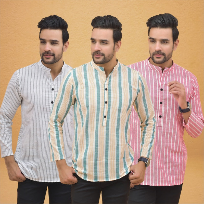 Combo of 3 Men Kurtas Stripe Cotton Handloom Green Pink and White-25223