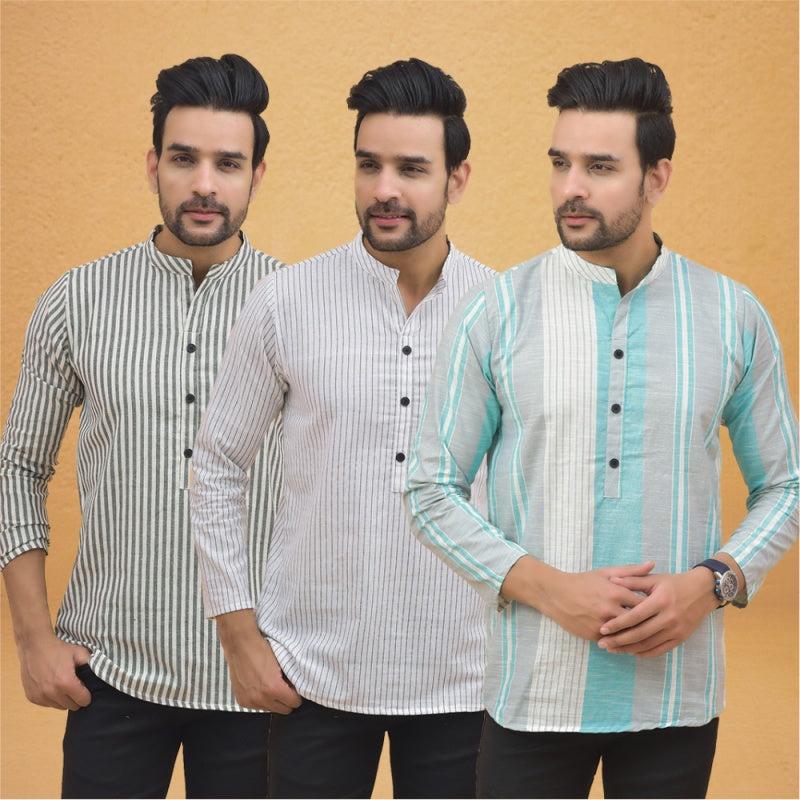 Combo of 3 Men Kurtas Stripe Cotton Handloom Green White and Peach-25145