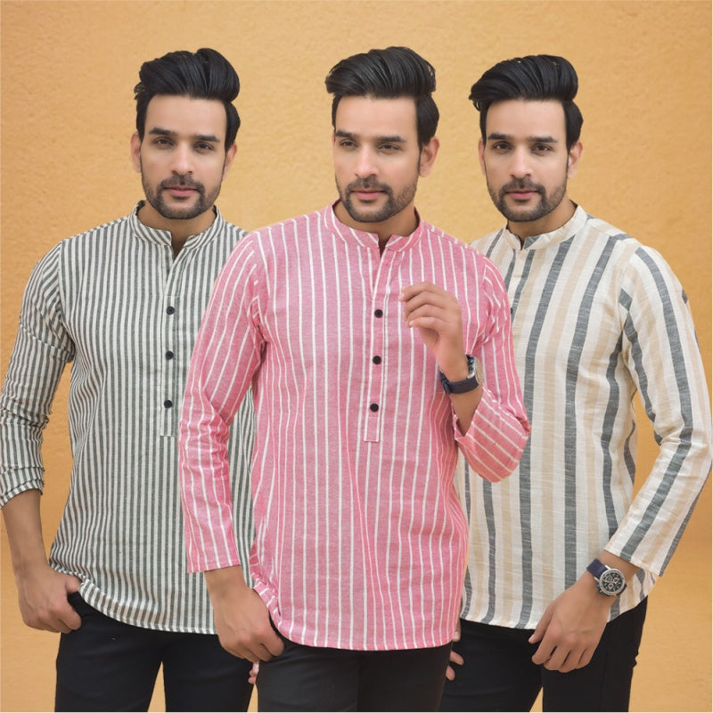 Combo of 3 Men Kurtas Stripe Cotton Handloom Pink Beige and Gray-25200