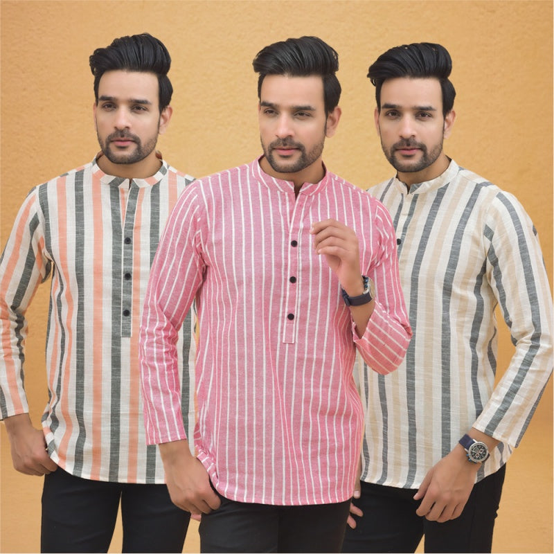 Combo of 3 Men Kurtas Stripe Cotton Handloom Pink Beige and Peach-25151