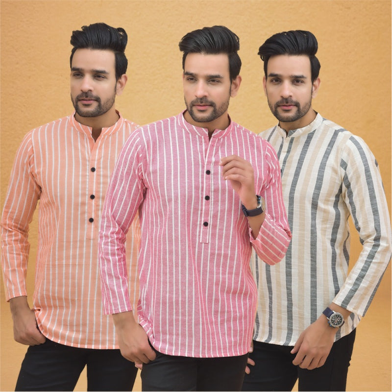Combo of 3 Men Kurtas Stripe Cotton Handloom Pink Beige and Peach-25179