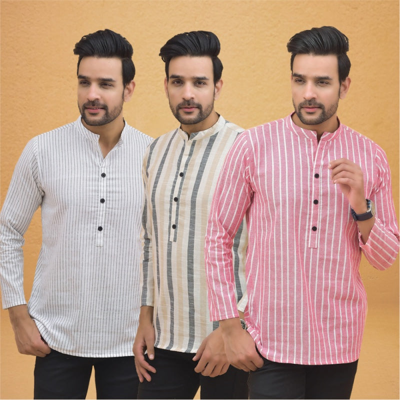 Combo of 3 Men Kurtas Stripe Cotton Handloom Pink Beige and White-25215