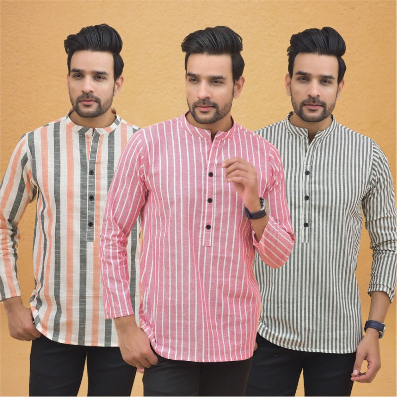 Combo of 3 Men Kurtas Stripe Cotton Handloom Pink Gray and Peach-25140