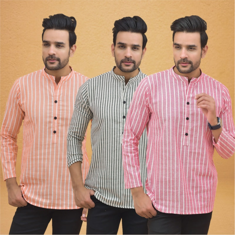Combo of 3 Men Kurtas Stripe Cotton Handloom Pink Gray and Peach-25168