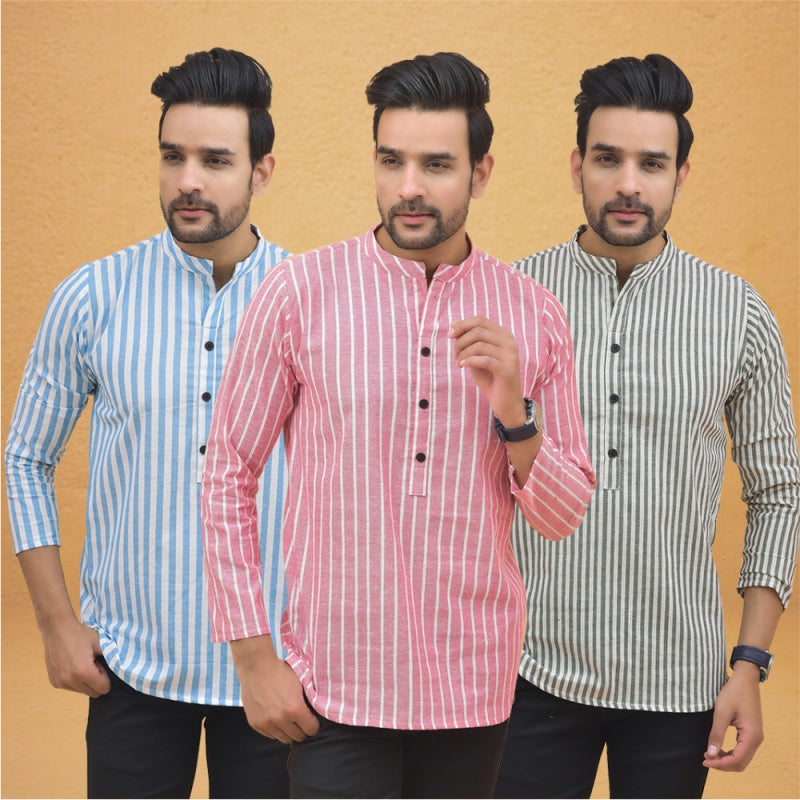 Combo of 3 Men Kurtas Stripe Cotton Handloom Pink Gray and Sky Blue-25104