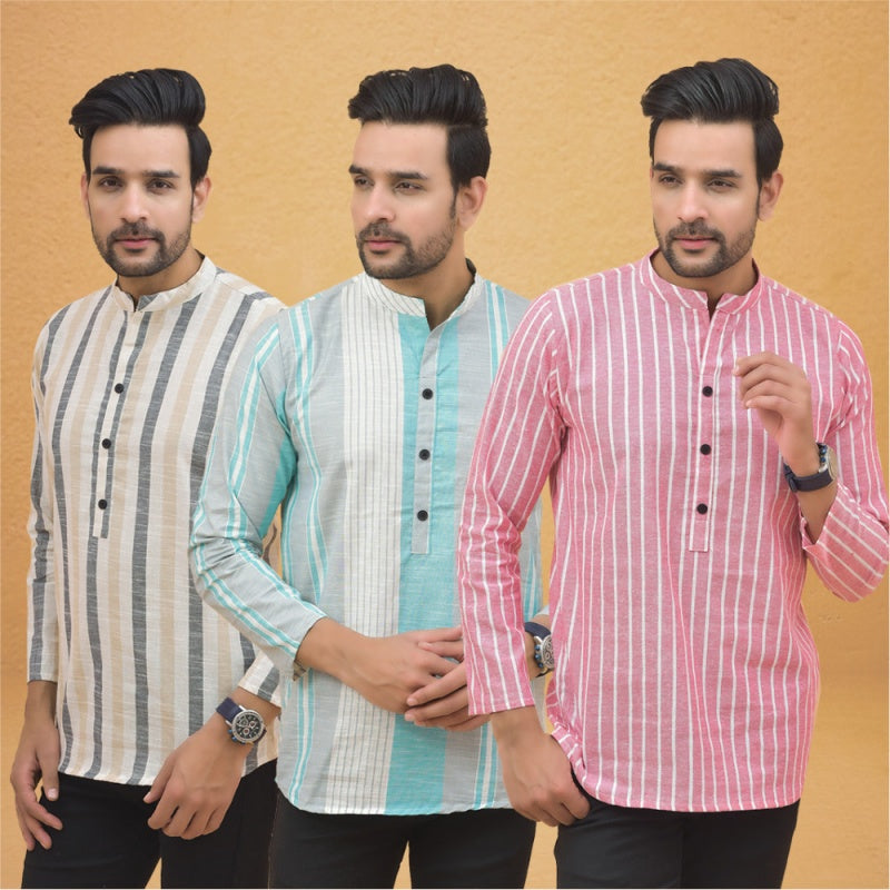 Combo of 3 Men Kurtas Stripe Cotton Handloom Pink Green and Beige-25229