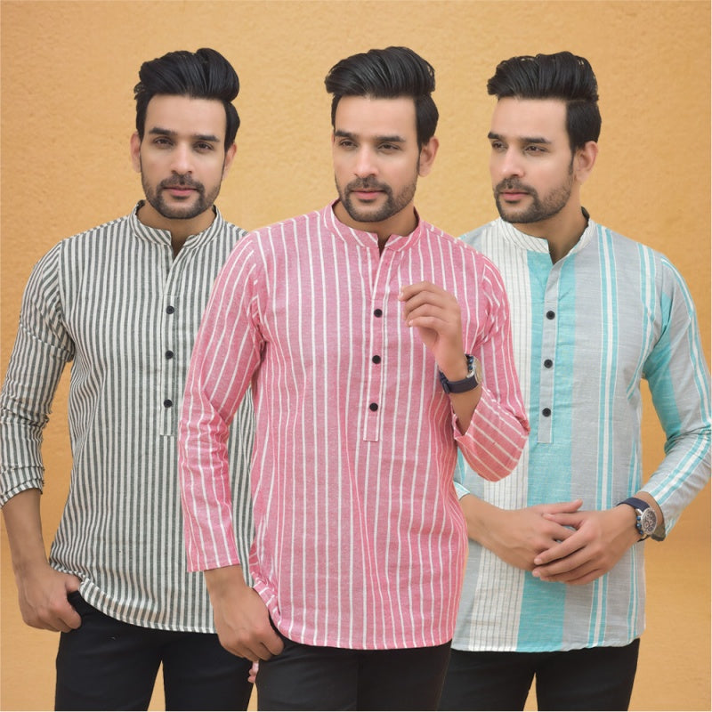 Combo of 3 Men Kurtas Stripe Cotton Handloom Pink Green and Gray-25204