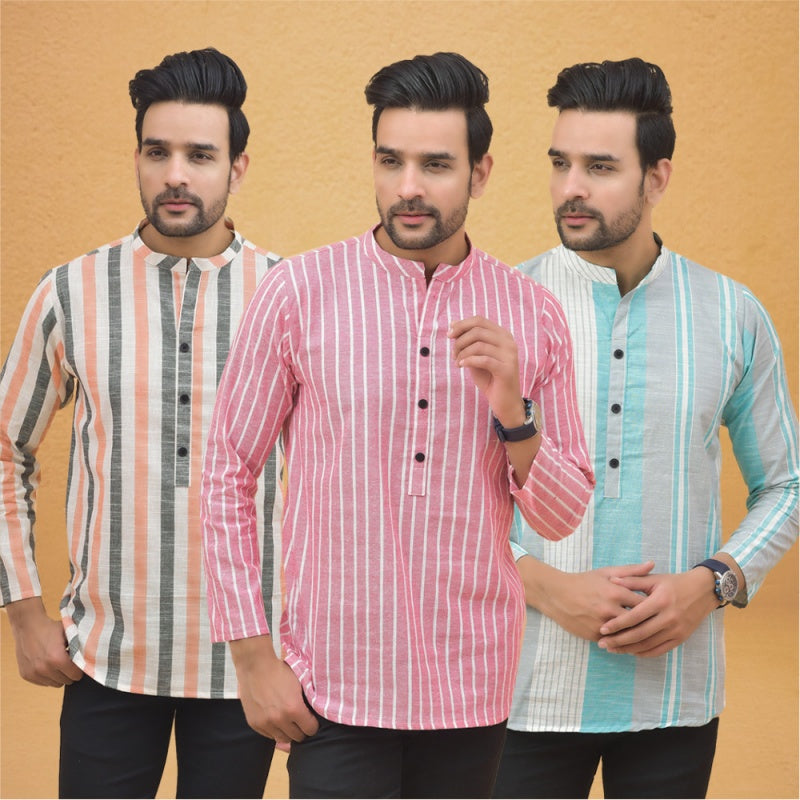 Combo of 3 Men Kurtas Stripe Cotton Handloom Pink Green and Peach-25155