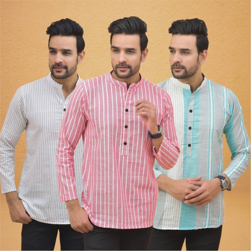 Combo of 3 Men Kurtas Stripe Cotton Handloom Pink Green and White-25219