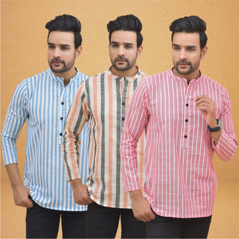 Combo of 3 Men Kurtas Stripe Cotton Handloom Pink Peach and Sky Blue-25089